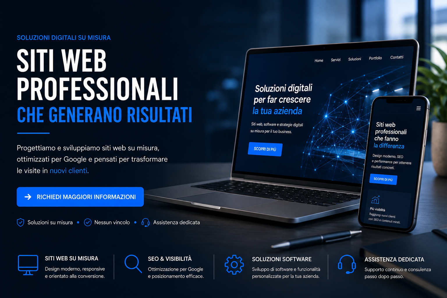 Progettiamo siti web veloci, moderni e ottimizzati per Google, pensati per trasformare le visite in nuove opportunità per la tua azienda.